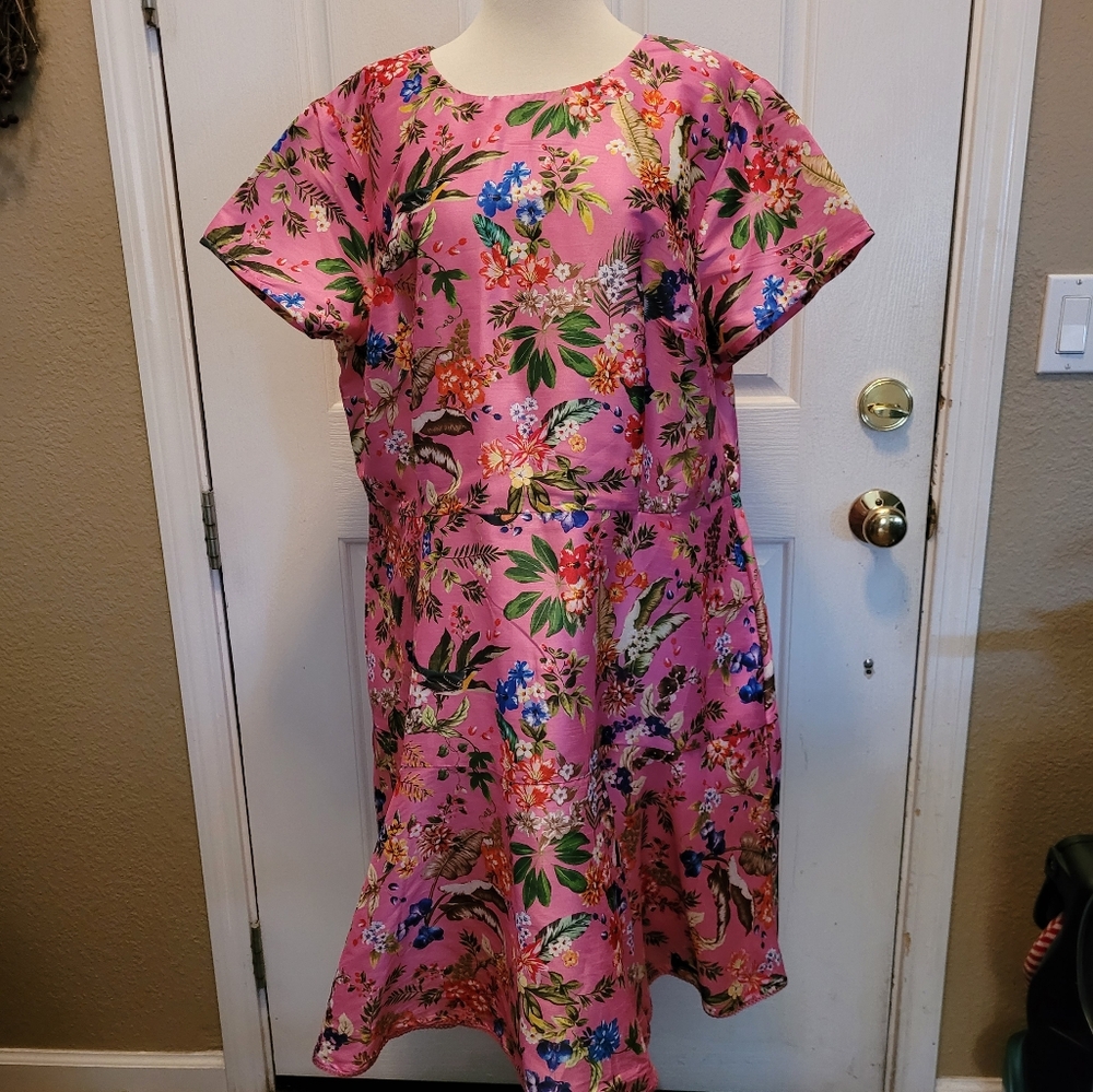 Pin Up Dress Rockabilly 2X 22W 22 Wide Pink Floral Romantic Flowers Birds Beach